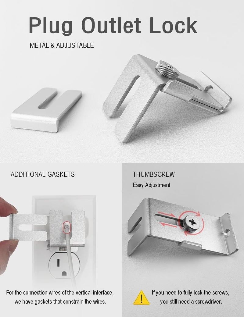 ILIVABLE Charger Lock to Outlet, Adjustable Metal Outlet Lock, Firmly Secures Power Plug from Unplugging (Silver, 1 Pack) - Image 2